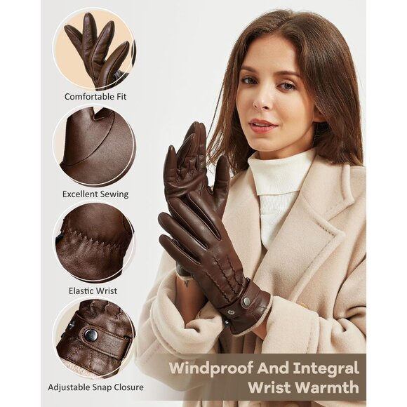 Women's Brown Super Soft Warm Cashmere Lining Genuine Sheepskin Leather Gloves - Picture 4 of 7
